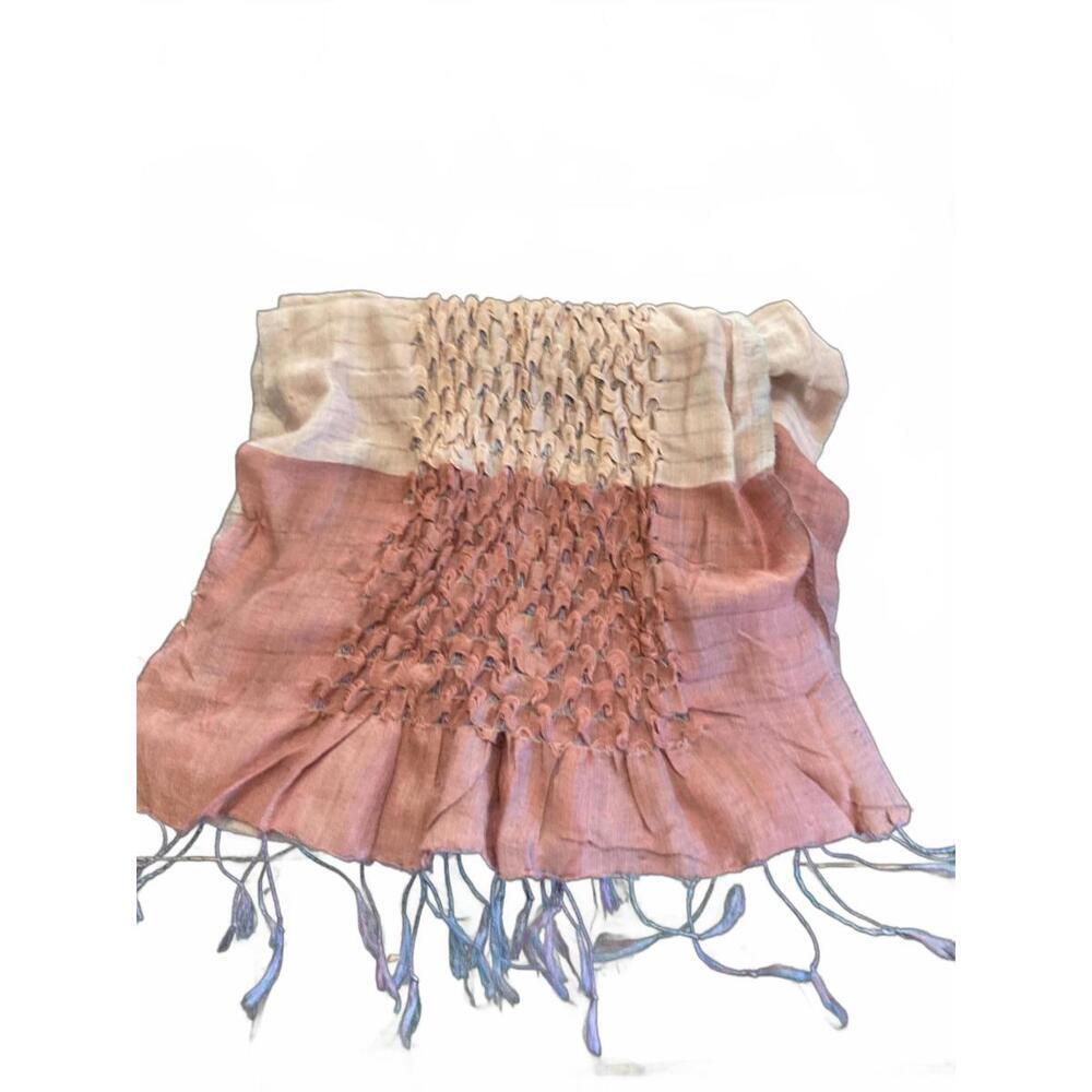 Elizabeth Gilete New York Handwoven Smocked  Pink Scarf with Fringe Detailing